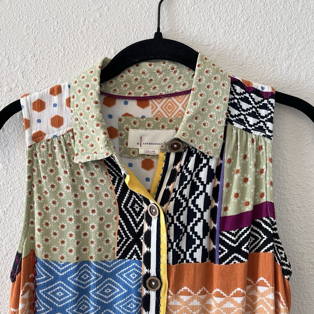 ANTHROPOLOGIE Women's Everyway Shirt Dress Size 2P Patchwork Boho Colorful Artsy - Picture 3 of 16